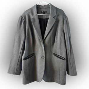 DG2 Diane Gilman Women's Long Gray Blazer‎ Leather Pocket Trim Size 1X